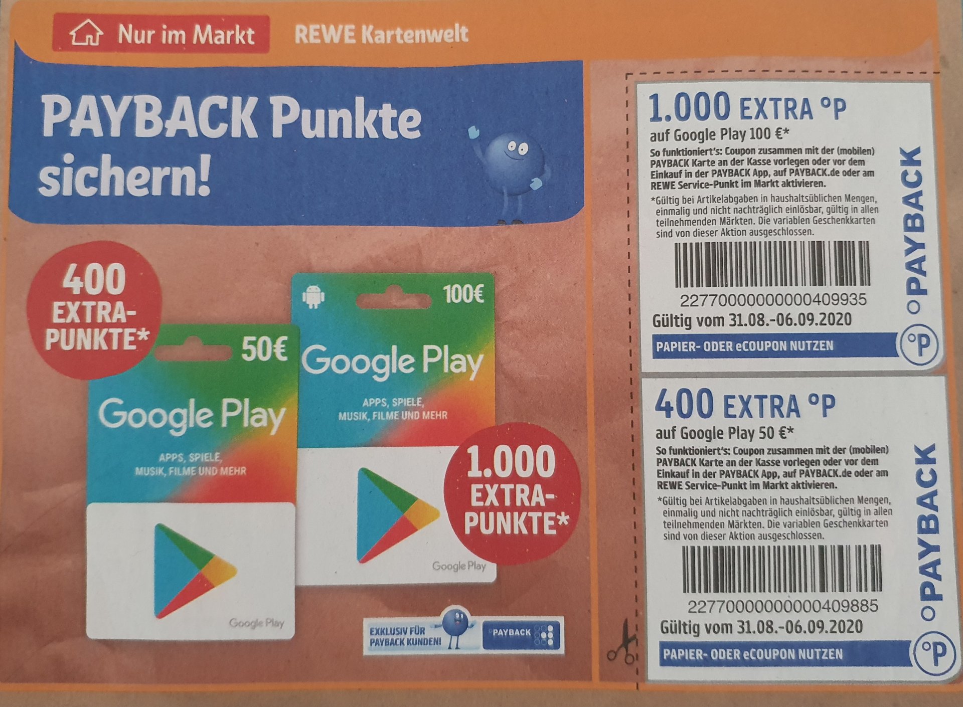 Google Play Guthaben bei Rewe 1.000 Payback Punkte für 100€ Gutschein