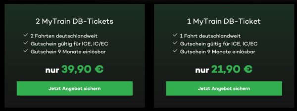 🚈 mytrain 2 Fahrten im ICE deutschlandweit für 39,90€ (19