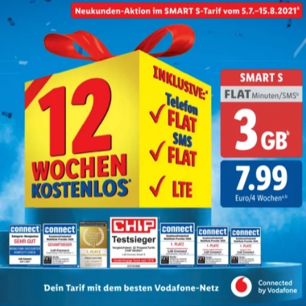 Kostenlos: 12 Wochen Lidl-connect Smart 3GB fürs S mit SMS-Flat 9,99€ (einmalig Starterset) und Allnet