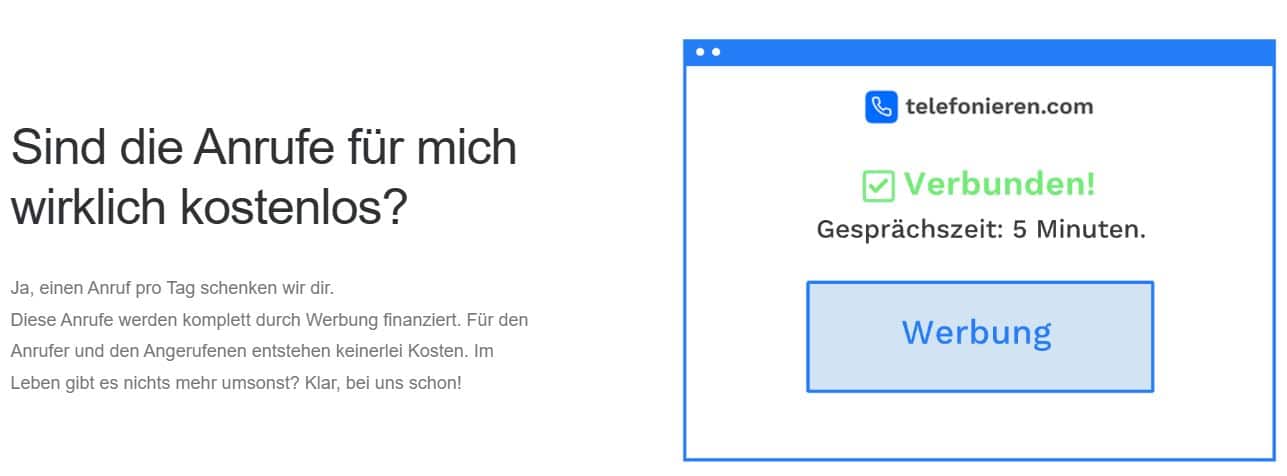 Anzeigentext für kostenlose Telefonate bei telefonieren.com