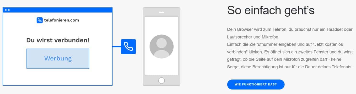 Bebilderte Beschreibung, wie man auf telefonieren.com kostenlos telefonieren kann