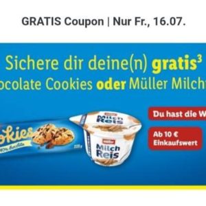 GRATIS &#034;Chocolate Cookies&#034; oder &#034;Müller Milchreis&#034; mit Lidl plus App am 16.07.21 ab 10€ Einkauf