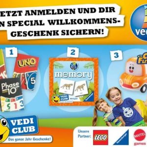 Gratis 1 von 3 Willkommensgeschenken für kostenlose Vedi Clubmitgliedschaft für Kinder von 0-12 Jahren