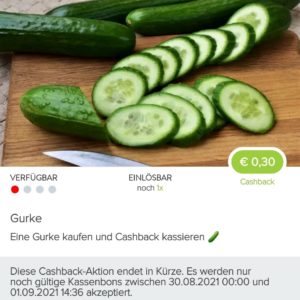 30 ct Cashback auf 1 Gurke in der Marktguru App ( nur noch bis 01.09.2021- 14:36 Uhr ! )