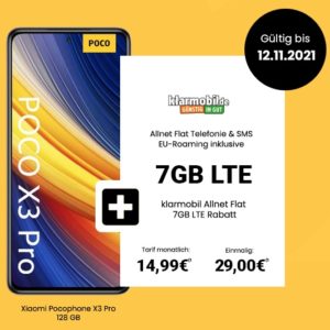 Xiaomi Poco X3 (128GB) mit 7GB klarmobil Allnet Flat für 14,99€/Monat