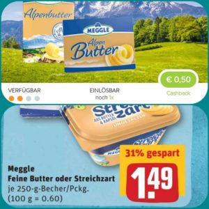 Meggle Alpenbutter für unter 1 Euro bei Rewe und Dank Marktguru