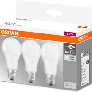 Osram LED Base Classic A Lampe, in Kolbenform mit E27-Sockel, nicht dimmbar, Ersetzt 100 Watt, Matt, Kaltweiß - 4000 Kelvin, 3er-Pack