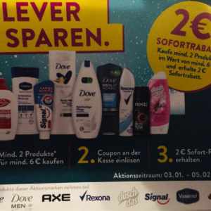 2€ Rabatt auf Kosmetik MBW 6€ Dove Axe Rexona Signal Vasenol Lifebuoy Signal duschdas