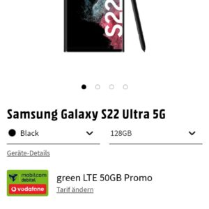 Samsung Galaxy S22 Ultra für 49€ &#043; Galaxy Buds Pro &#043; Vodafone 50GB LTE für 44,90€/Monat