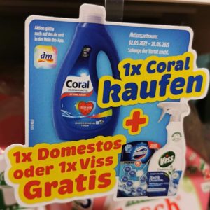 Coral Waschmittel kaufen, Domestos WC Stein Duo Power ODER Viss Bad &amp; Dusche gratis dazu bekommen- nur bei DM- online sowie vor Ort !