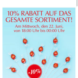 Lindt: 10% auf das gesamte Sortiment am 22.6.22 von 18:00 bis 22:00