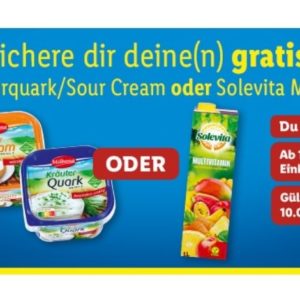 Gratis Milbona Kräuterquark, Sour Cream oder Multivitaminsaft bei Lidl ab 10 € Einkauf mit der App