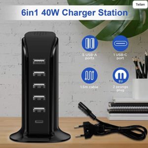 Wolee 1 Type-C+5 USB, 6 Port-Ladegerät 40W für 12,36€