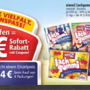 1€ Rabatt auf 4x Nimm2 Lachgummi Edeka 0,54€ pro Tüte