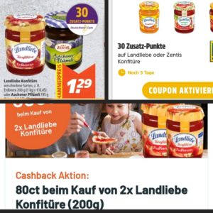 Landliebe Konfitüre für 57 ct, beim Kauf von 2 Gläsern, bei Marktkauf. Dank Deutschlandcard &amp; Smaggle