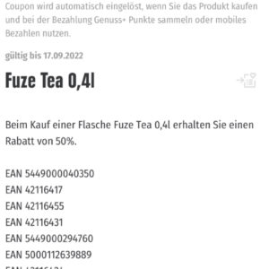 - 50% Rabatt auf Fuze Tea 0,4l mit der Edeka Genuss+ App