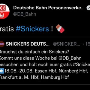 GRATIS Snickers an den Hbf Essen, Nürnberg, Frankfurt und Hamburg bis 20.08.2022