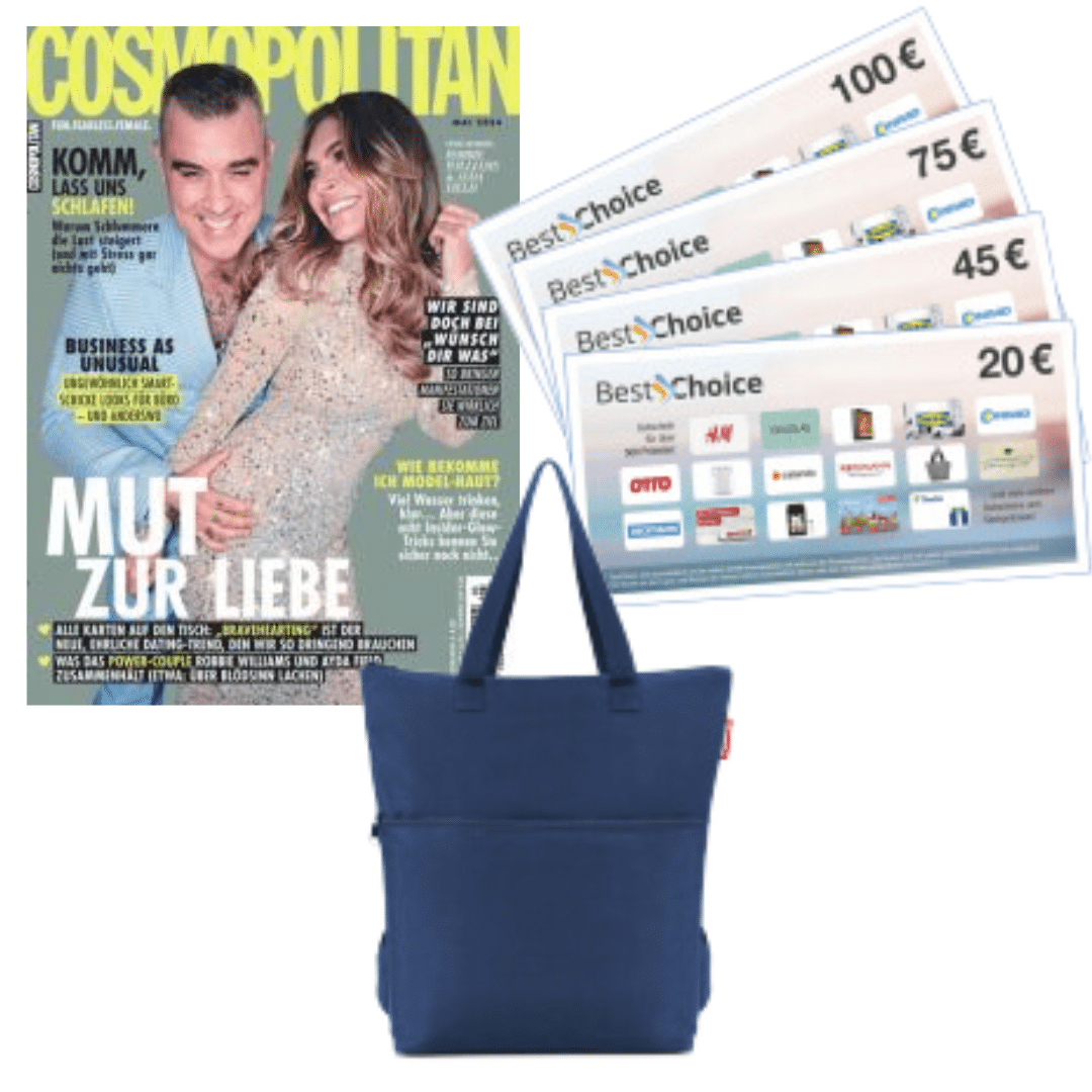 10 Ausgaben Cosmopolitan für 42,50€ + GRATIS Reisenthel Kühltasche + 45€ BestChoice-Gutschein