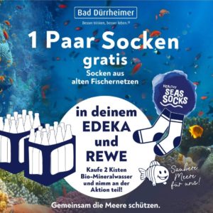 Kaufe 2 Kästen Bio Mineralwasser von Bad Dürrheimer und erhalte ein Paar Socken aus alten Fischernetzen gratis dazu - nur bei Edeka und Rewe !