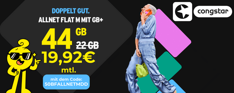 🤯 mtl. kündbare 44GB LTE Jahr Deal) M 5GB für AG + Friday mehr (congstar Flat Allnet mtl. 0,00€ Allnet 19,92€ / jedes + Black