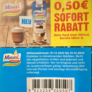 0,50€ Rabatt auf  laktosefreie MinusL Barista Milch 1L