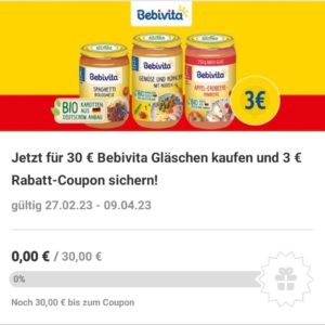 3 Euro Rabatt Coupon bei Rossmann bekommen, wenn man für min. 30 Euro Bebivita Gläschen bei Rossmann kauft