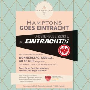 Eine Kugel Eis "Eintracht" kostenlos  in Eintrachtfankleidung am 01.06.2023 im Hamptons Eis Cafe -regional-