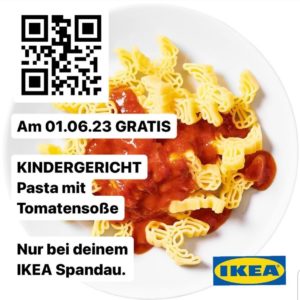 Pasta mit Tomatensauce zum Kindertag am 01.06.2023 gratis im IKEA Berlin Spandau -regional-