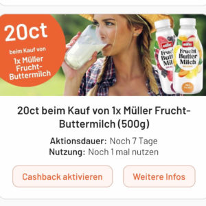 Müller Frucht Buttermilch für 57 Cent mit Smhaggle