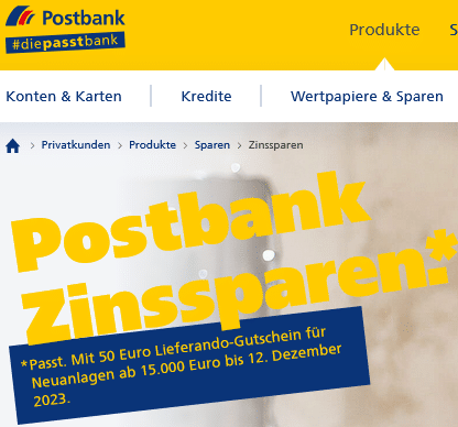 Postbank Zinssparen 50€ mit Lieferando-Gutschein
