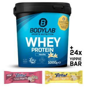 1kg Whey von BODYLAB + 24x Yippie! Fruits Riegel 38,82€ (statt 75€)