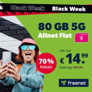 Endet bald! 😲 80GB 5G & LTE Telekom Allnet für 14,99€/Monat – jetzt ohne Anschlussgebühr! (freenet Telekom green LTE)