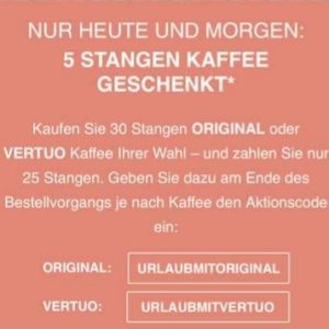 5 Stangen Nespresso Kaffeekapseln geschenkt beim Kauf von 30 Stangen ORIGINAL oder VERTUO Kaffee