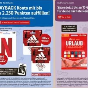 REWE: 500 Payback-Extrapunkte auf die 50€ Netflix-Geschenkkarte / 30-fach Punkte auf Adidas Geschenkkarte / 10% Rabatt auf "derTour" Geschenkkarte vom 14.-20.08.23