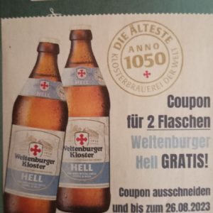 Endlich wieder gratis Bier: 2 Flaschen Weltenburger Hell bei logo