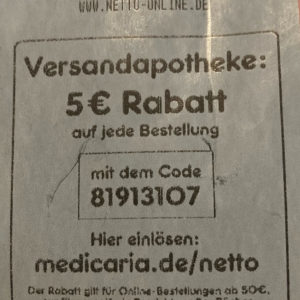 5€ Rabatt auf Online-Bestellung bei Versandapotheke über netto  50€ MBW