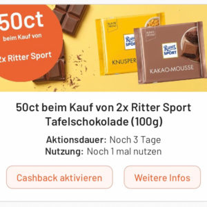 2 Rittersport für 1,21€ mit Smhaggle