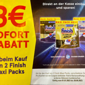 3€ Rabatt auf 2 Finish Maxi Packs Geschirrspüler Tabs