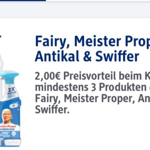 Kaufe mindestens 3 Produkte der Marken Fairy, Meister Propper, Antikal oder Swiffer und bekomme 2 Euro Cashback- nur bei DM- ggf personalisiert?!