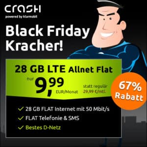 Letzte Chance 😱 28GB Telekom Allnet für nur 9,99€/Monat + 29,99€ Anschlusspreis (Black Friday Deal von Crash / Klarmobil)