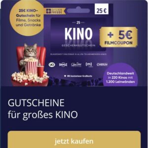 5€ Coupon gratis pro Kauf eines 25€ KINO Gutscheins (Cineplex, Cinestar, UCI, Kinopolis und Mathäser)