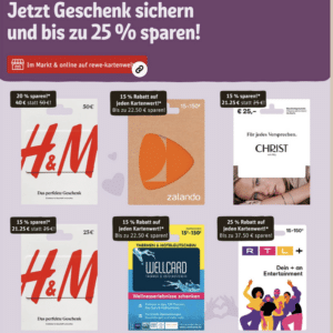 Rewe: Rabatte auf Zalando, H&amp;M &amp; Christ, RTL+ &amp; Wellcard-Geschenkkarten