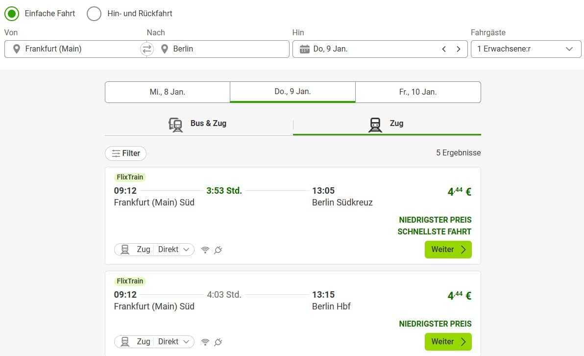 FlixTrain Preise für die Strecke Frankfurt nach Berlin für 4,44€