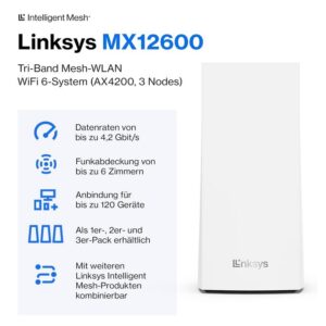 Bestpreis! (3er-Pack) Linksys Velop MX12600 (AX4200) Tri-Band Mesh-WiFi 6-System (Apple Homekit kompatibel)