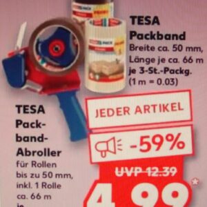 TESA Paketband Abroller plus 1 Rolle TESA-Band oder 3 Rollen TESA Paketband (braun oder transparent) für 4,99 Euro im  Kaufland