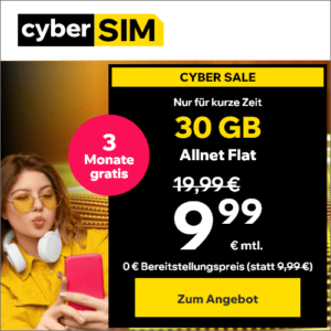 mtl. kündbare LTE/5G Allnet mit 12GB für 5,99€ 🔥 oder 30GB für 9,99€ | 50GB für 11,99€ | 100GB für 22,99€ (Cybersim im 1&1-Netz)