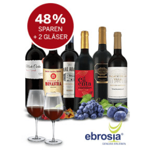 Probierpaket: 6 spanische Rot- oder Weißweine inkl. 2 Gläser für 39,95€