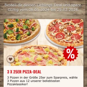 Smileys Pizza : Drei 25cm-Pizzen für 19,99 EUR / 28cm für 29,99 EUR