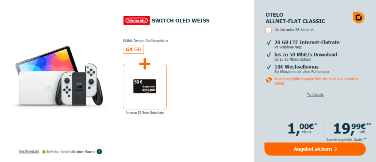 otelo: Allnet-Flat + Nintendo 30€ OLED Switch Amazon Gratis: 