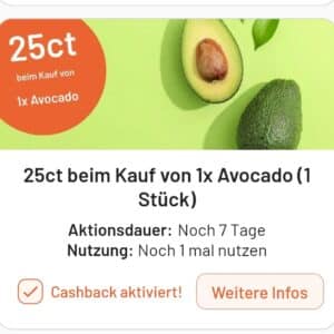 Avocado 25 Cent Cashback bei smhaggle und 30 Cent bei Marktguru für ein Stück